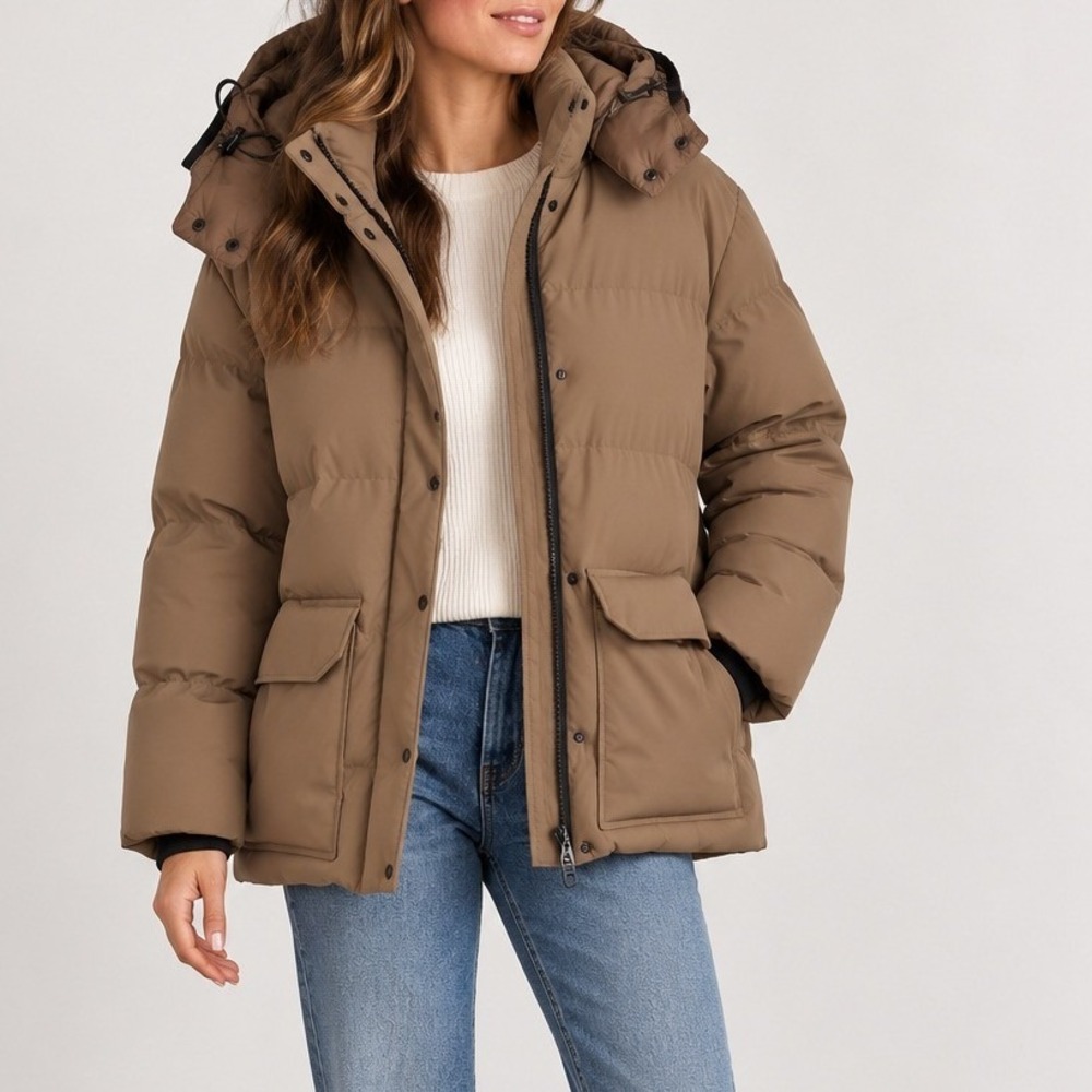 DKNY Puffer Jacket Women Medium Tan Hooded Quilted Parka Winter Gorpcore